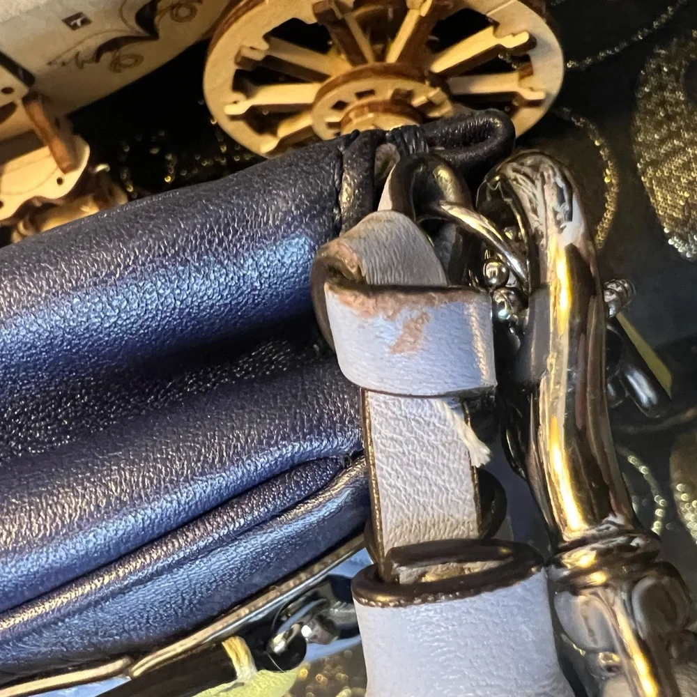 Coach Navy and Light Blue Leather Wristlet with Yellow Accent